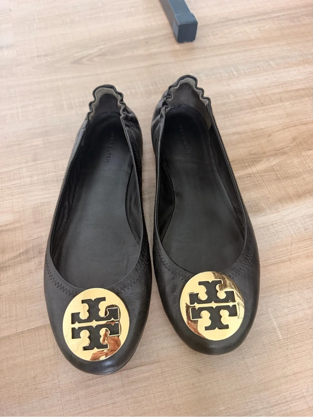 Tory Burch Black Leather Ballet Flats with Gold Logo Medallion